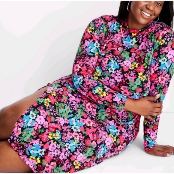 Wild Fable Floral Mock Neck Long Sleeve Side Slit Midi Dress Multicolor Black - Picture 4 of 5